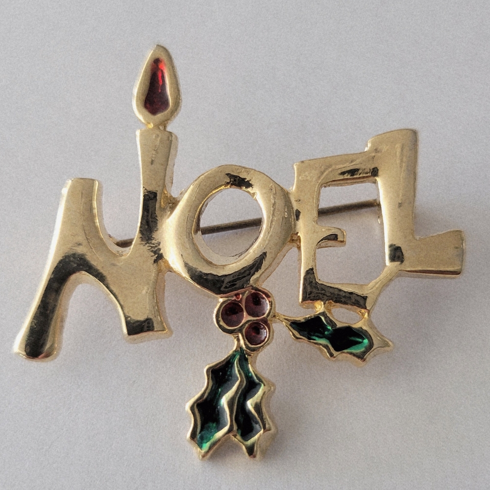 Festive Gold Noel Brooch with Red and Green Details